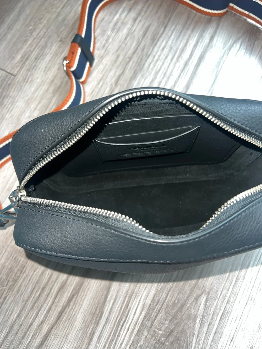 Shinola Camera Crossbody Bag Black with Navy, White & Rust Strap